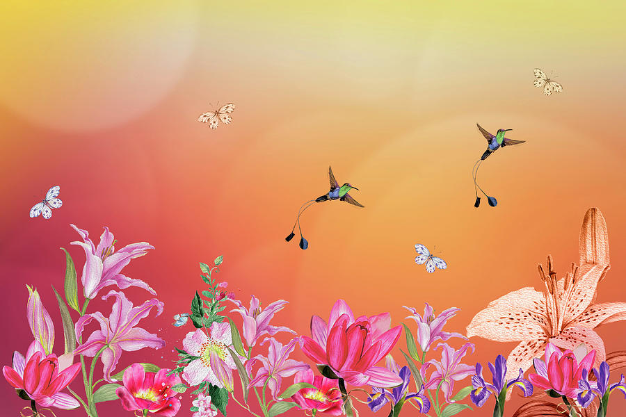 Flowers Birds And Butterflies Mixed Media by Johanna Hurmerinta