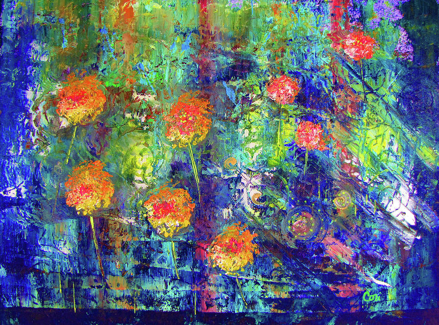 Flowers Groovin in Blue Painting by Corinne Carroll