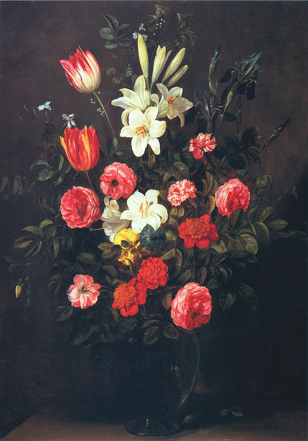Flower Painting - Flowers in a Glass Vase by Frans Ykens
