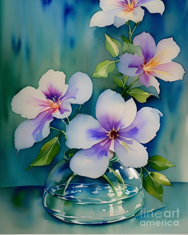 Flowers In A Glass Vase Mixed Media by Mary Machare