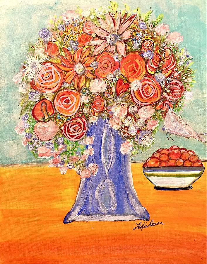 Flowers in blue and white vase, oranges and a lunar moth Painting by Coco Olson