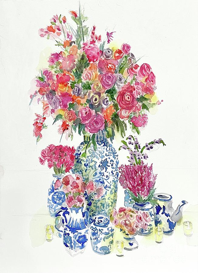 Flowers in Blue and White Vases Painting by Liana Yarckin