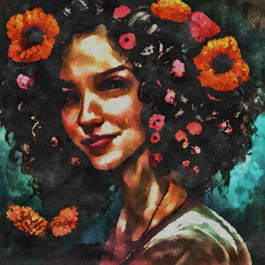 Flowers in her Hair 1 Mixed Media by Ann Leech