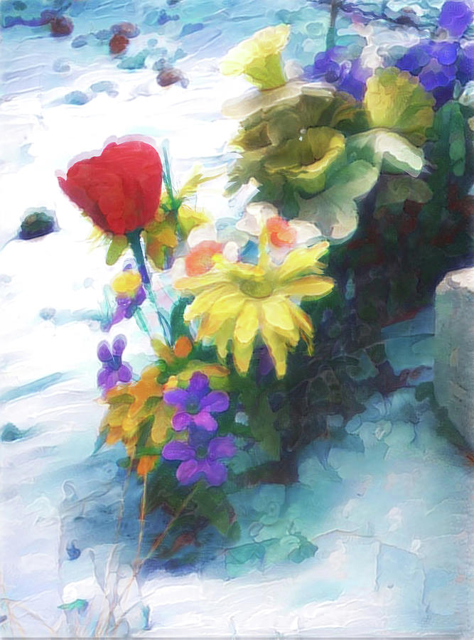 Flowers in Snow Pastel Painting Digital Art by Cathy Anderson