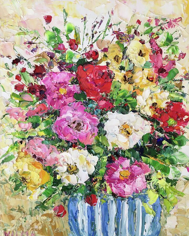 Flowers In Striped Vase Impasto Oil Painting On Canvas Original Signed ...