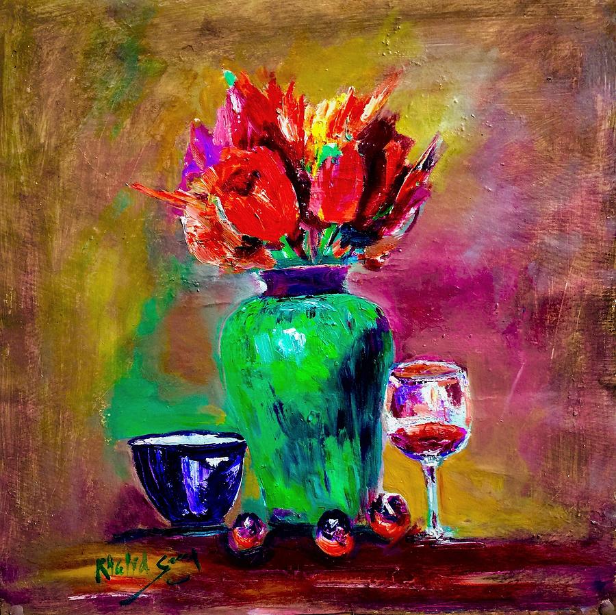 Flowers in vase Painting by Khalid Saeed