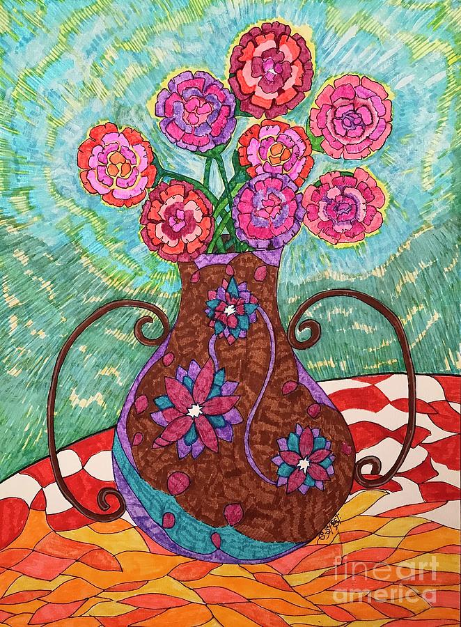 Flowers in Vase on Abstract Cloth Mixed Media by Caroline Street