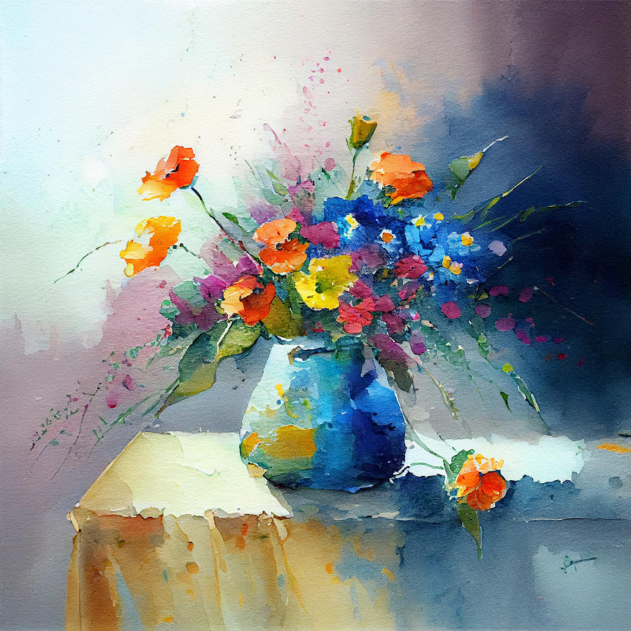 flowers  in  vase  watercolor by Asar Studios Painting