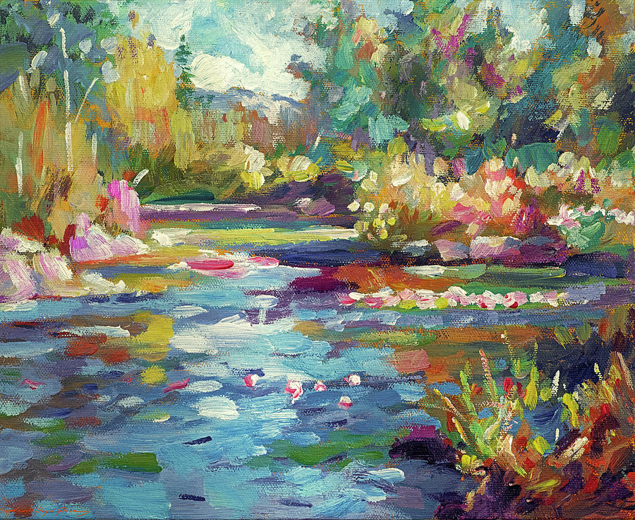 Flowers Reflecting In The Pond Painting by David Lloyd Glover