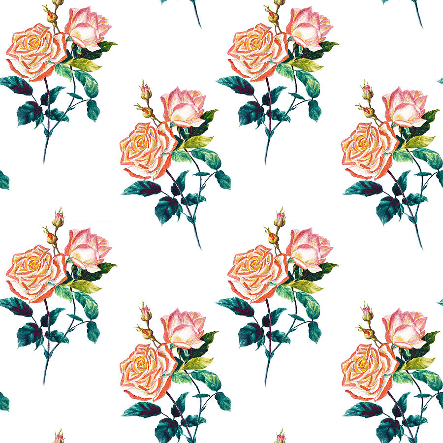 Flowers Rose With Leaves Watercolor Seamless Pattern Drawing