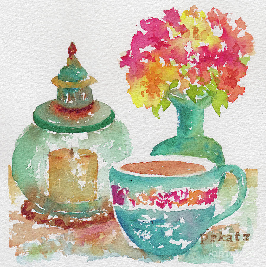 Flowers, Tea And A Lantern On The Side Painting by Pat Katz
