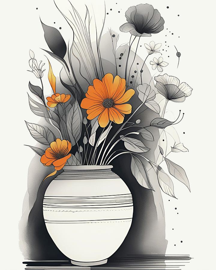 Flowers Vase with Daisies Touch of Orange Digital Art by David Dehner