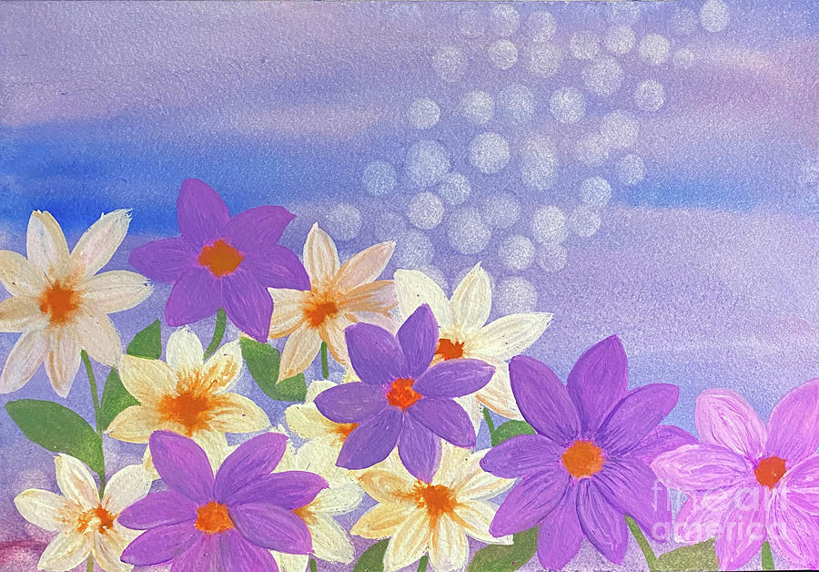 Flowers with Purple Sky Mixed Media by Lisa Neuman