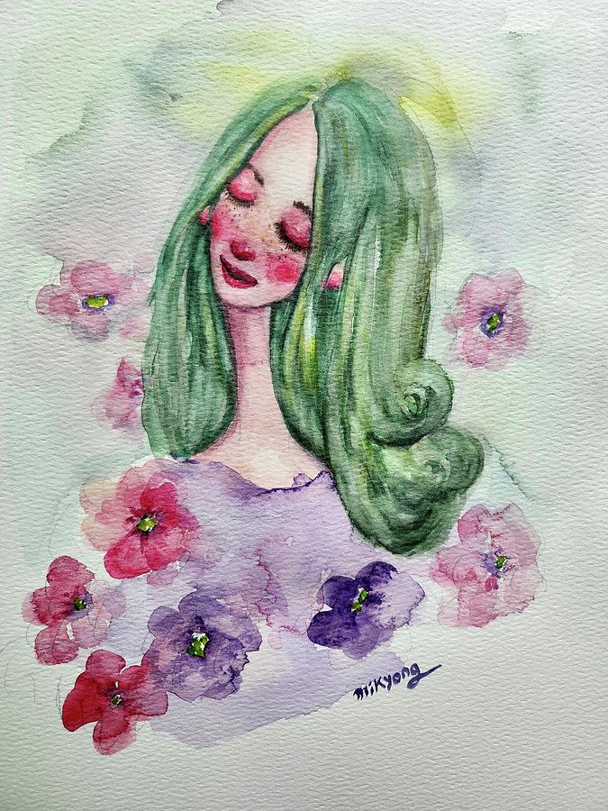 Flowery Girl Painting by Mikyong Rodgers