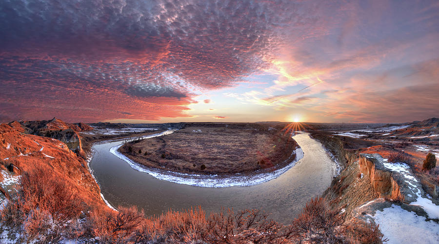 Flowing to the Sun - Sunset Panorama of Little Missouri at Wind Canyon - Badlands National Park ND Photograph by Peter Herman