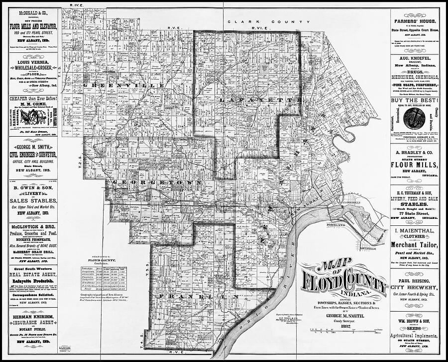 Floyd County Indiana Vintage Map 1882 Black and White Photograph by ...