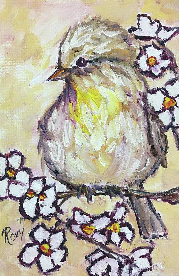 Fluffy Bird with White Flowers Painting by Roxy Rich