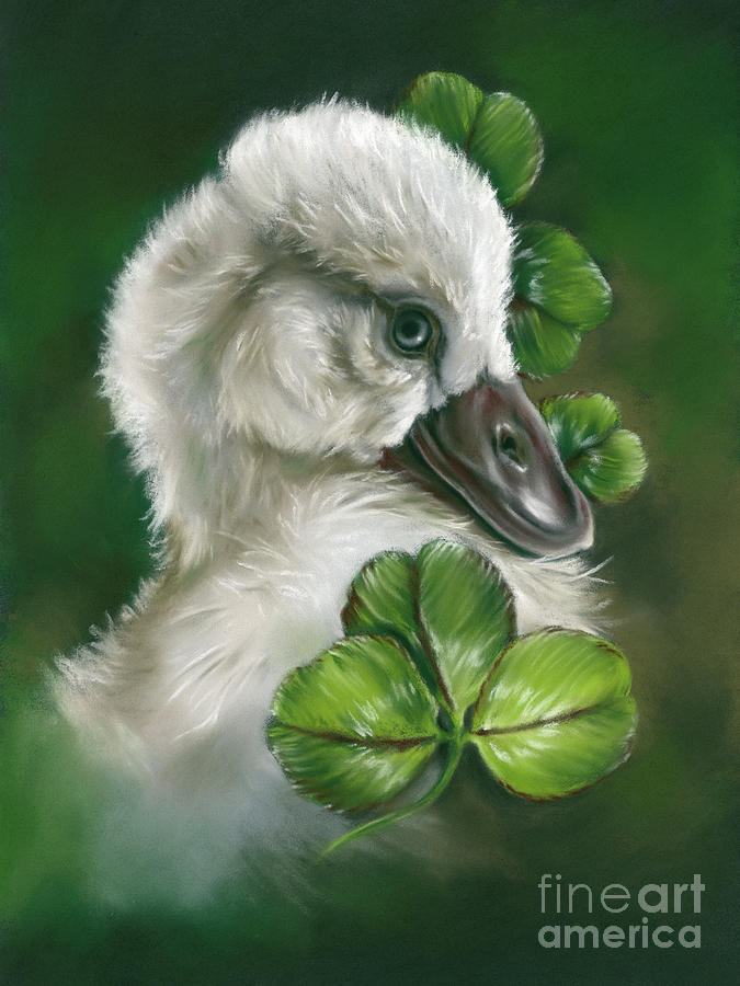 Fluffy Cygnet Hatchling Swan in Clover Painting by MM Anderson