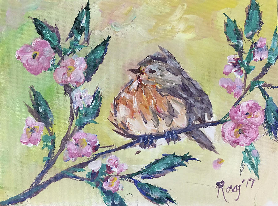 Fluffy Robin In Cherry Blossoms Painting by Roxy Rich