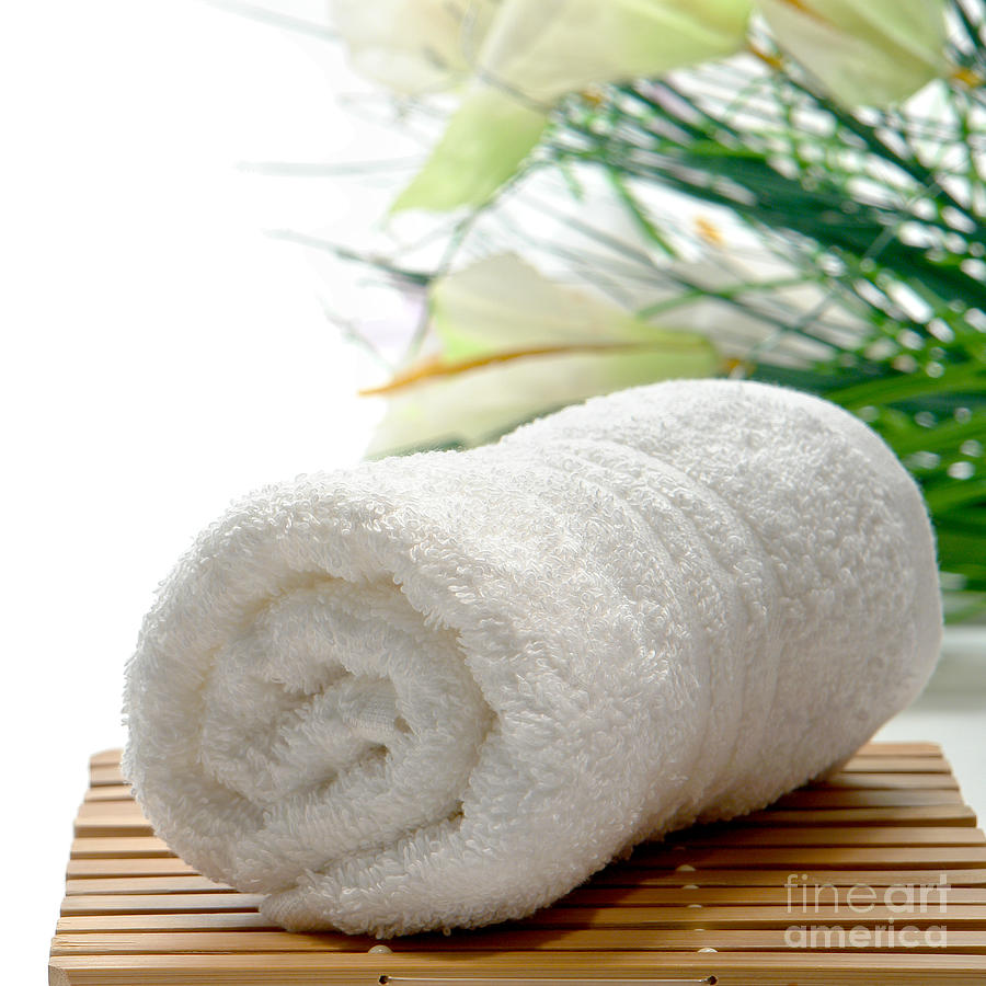 Fluffy White Cotton Hand Towel in a Spa Photograph by Olivier Le Queinec