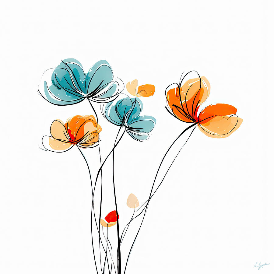 Fluid Florals - Turquoise and Orange Flowers Art Painting by Lourry Legarde