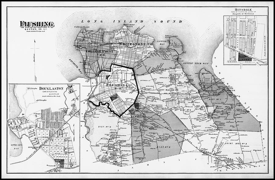 Flushing Borough of Queens New York Vintage Map 1873 Black and White Photograph by Carol Japp