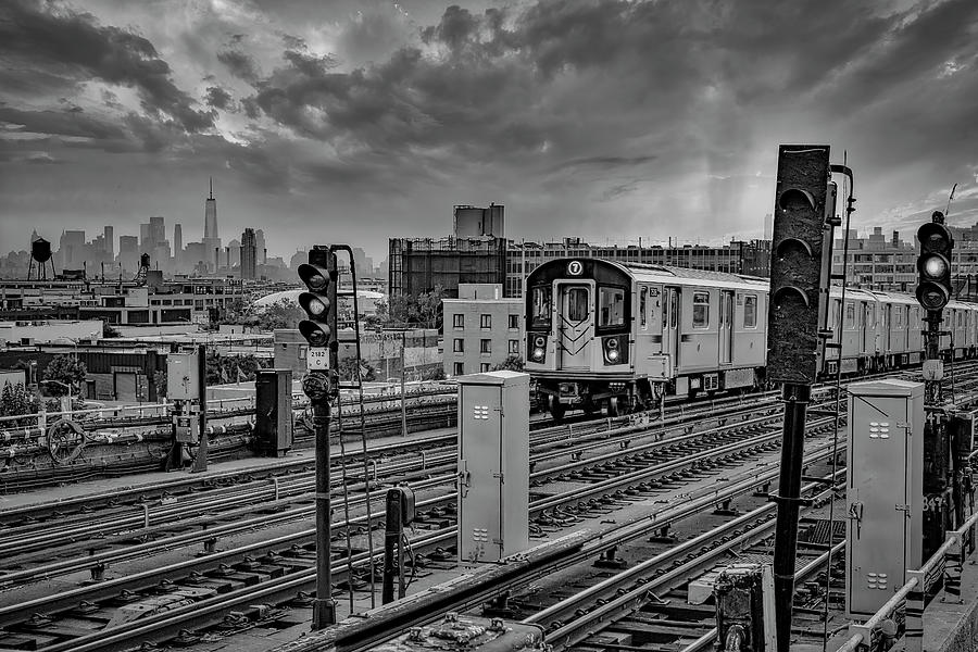 Flushing NYC 7 TrainAnd Skyline BW Photograph by Susan Candelario