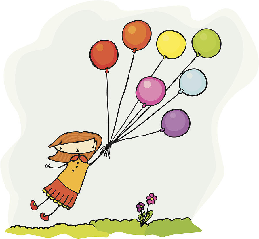 Fly away girl is borne aloft by balloons Drawing by Clicknique