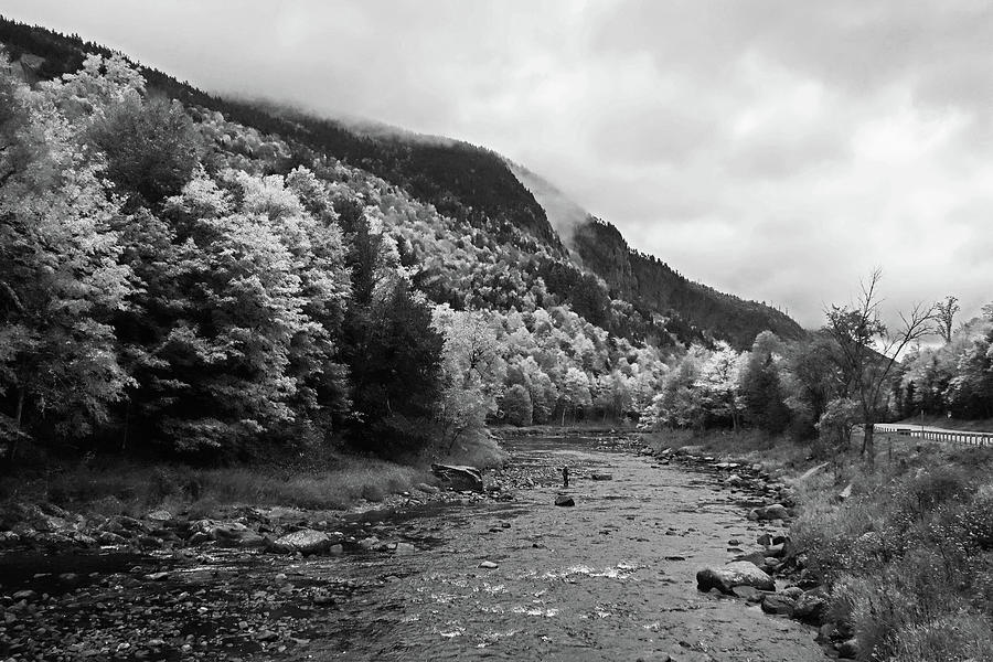 Fly Fishing in the Fall Foliage Wilmington NY Adirondacks Misty Day Black and White Photograph by Toby McGuire