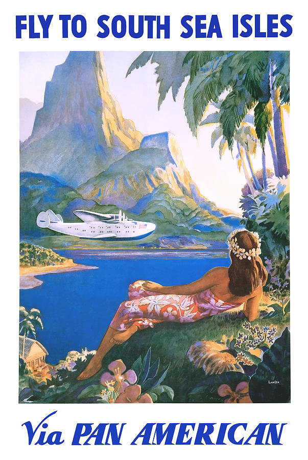Travel Poster Digital Art - Fly to South Seas Isles via Pan American Vintage World Travel Poster by Retro Graphics