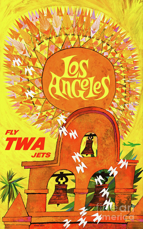 Fly TWA Jets to Los Angeles California 1960s Mid Century Modern Retro Travel Poster Painting by Peter Ogden