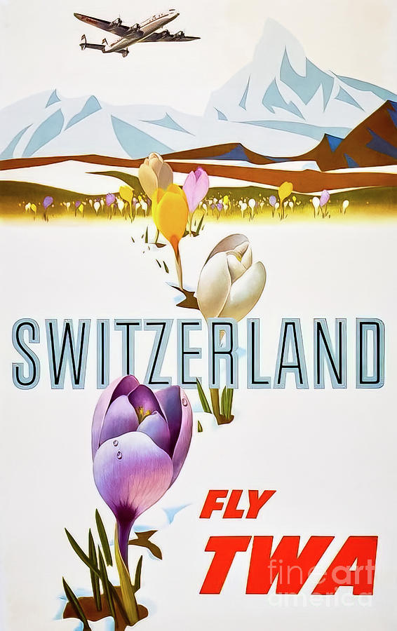 Fly TWA to Switzerland Travel Poster 1959 Drawing by M G Whittingham