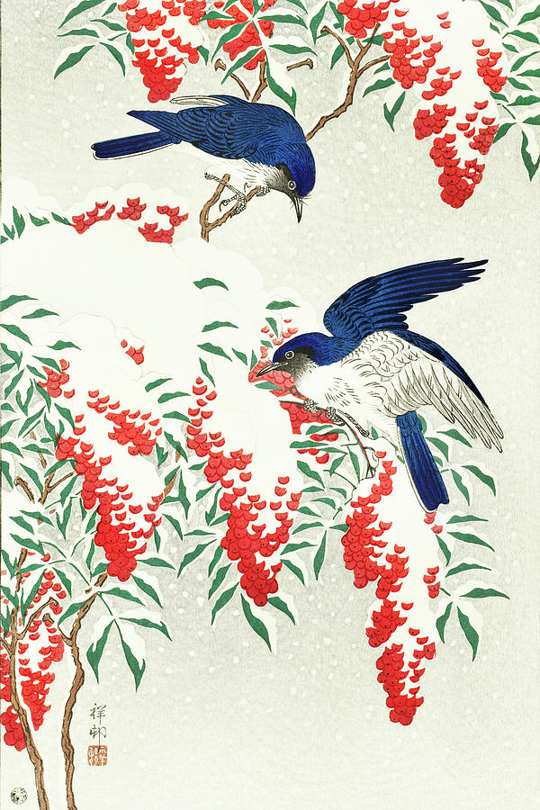Ohara Koson Painting - Flycatchers on a nandina bush by Ohara Koson