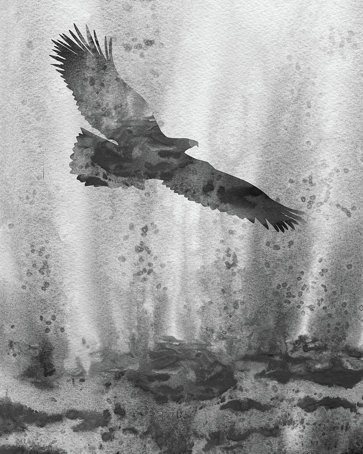 Flying Above Eagle Black White Gray Watercolor Silhouette  Painting by Irina Sztukowski