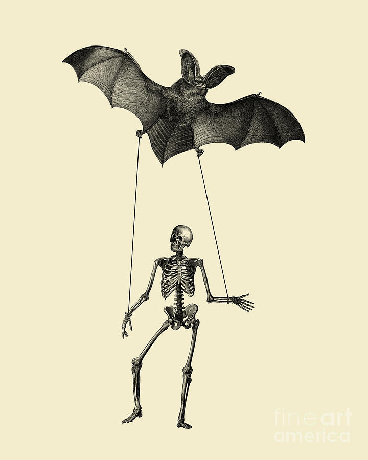 Halloween Digital Art - Flying bat with skeleton on a string by Madame Memento