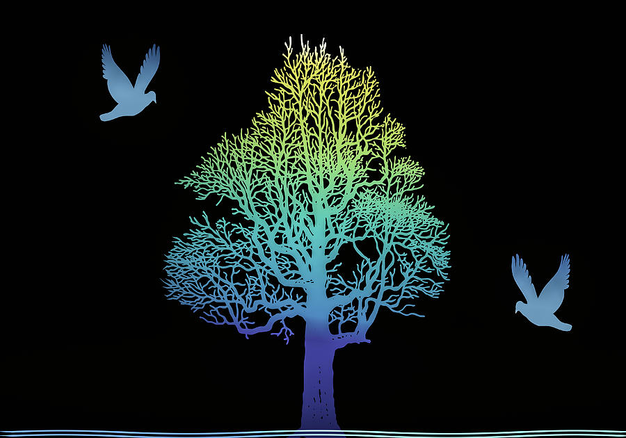 Flying Doves at the Tree Digital Art by Debra and Dave Vanderlaan