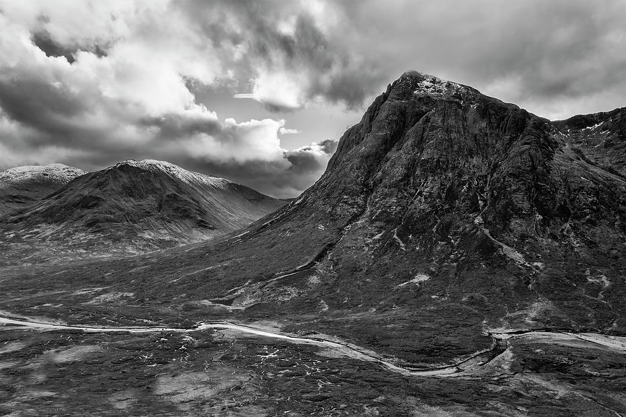 Flying drone epic black and white landscape image of Buachaille ...