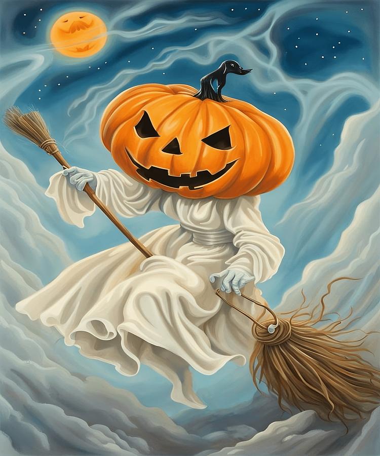 Halloween Painting - Flying Ghost Witch With Jack-O-Lantern Face Sat Astride A  Broomstick by Taiche Acrylic Art