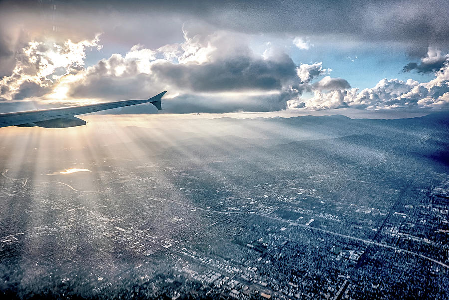 Flying Over City Of Los Angeles At Sunset Photograph by Alex Grichenko