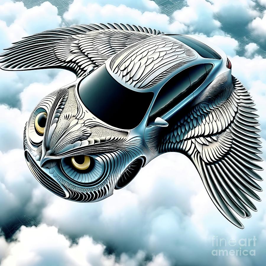 Bird Digital Art - Flying Owl Car in The Clouds by Rose Santuci-Sofranko