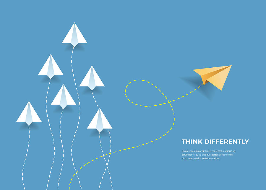 Flying paper airplanes. Think differently, leadership, trends, creative solution and unique way concept. Be different. Drawing by Merovingian