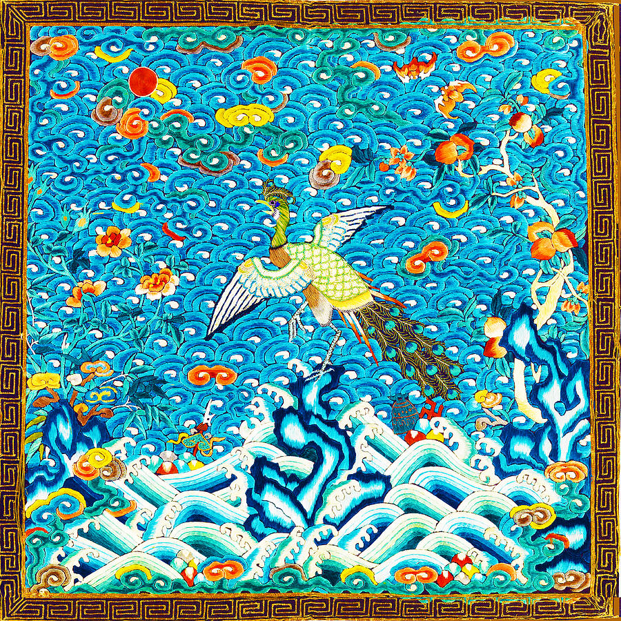 Flying Peacock Yellow Blue Background                                  Painting by Tony Rubino