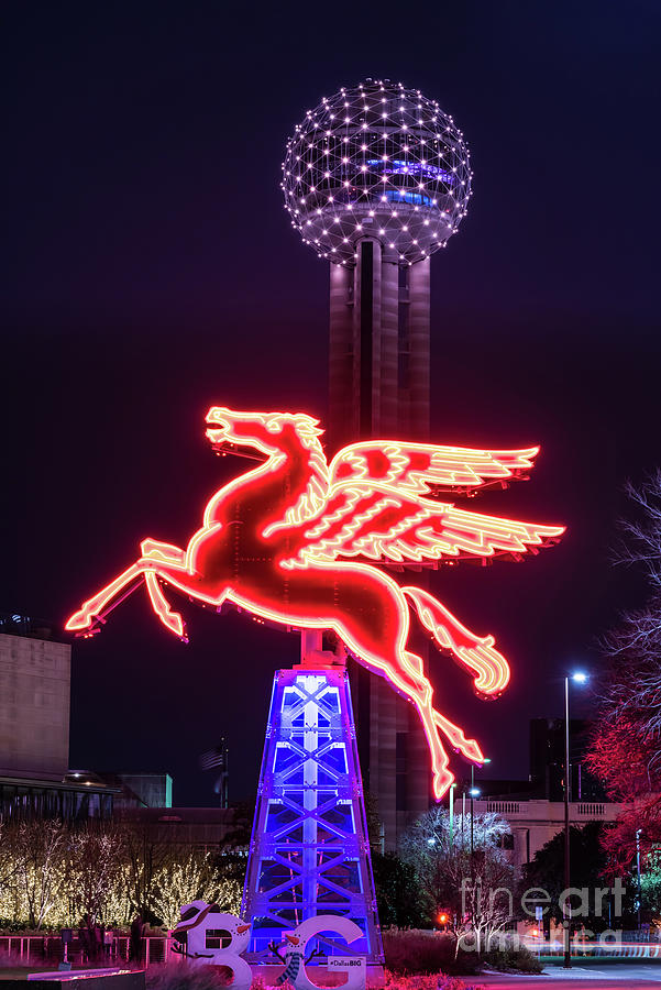 Flying Pegasus and Reunion Tower Night Vertical Photograph by Bee Creek Photography - Tod and Cynthia