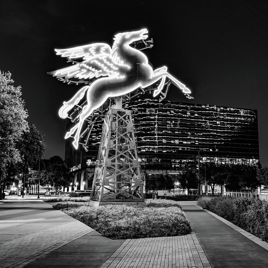 Dallas Skyline Photograph - Flying Pegasus in Downtown Dallas Texas - Black and White by Gregory Ballos