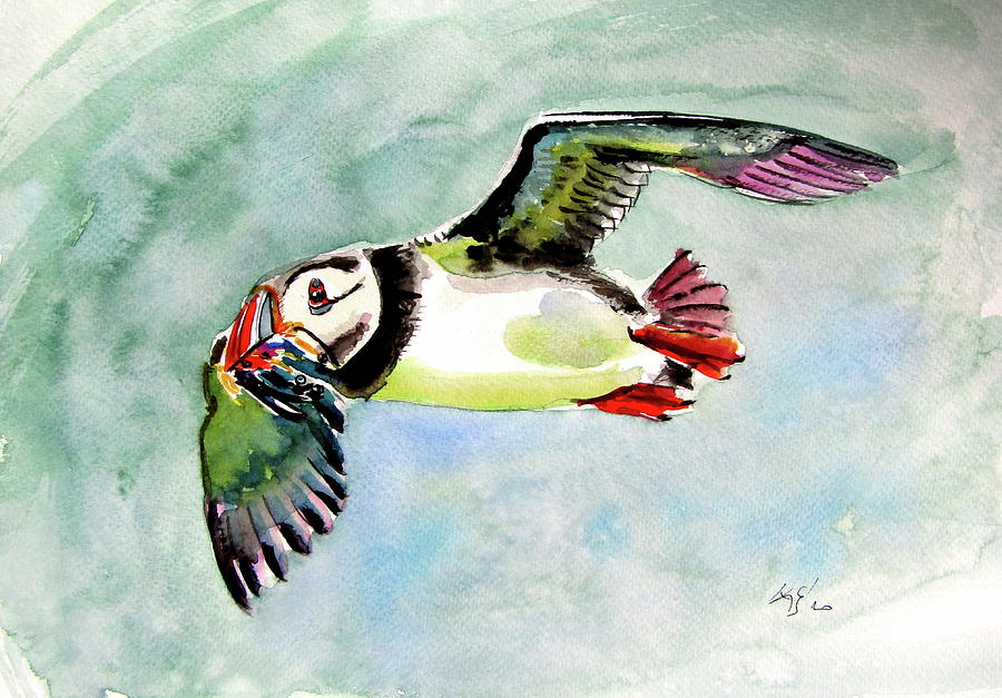 Flying puffin Painting by Kovacs Anna Brigitta