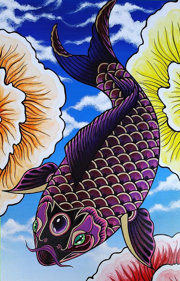 Flying Purple Koi fish Painting by Bryon Stewart