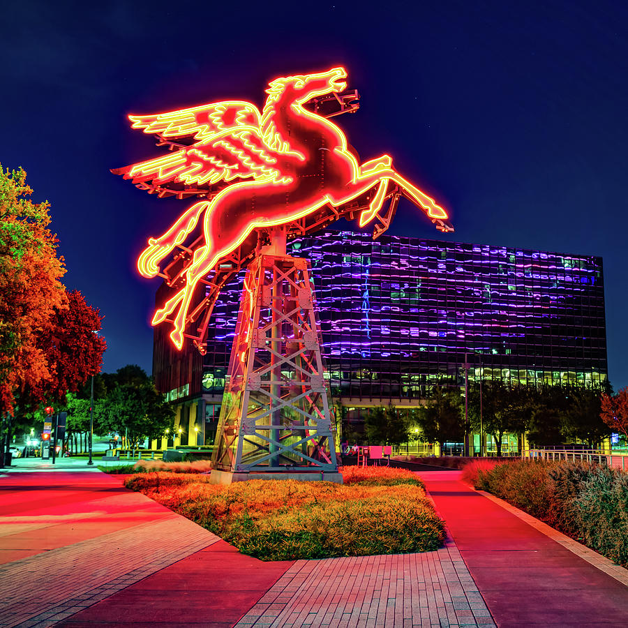 Dallas Skyline Photograph - Flying Red Pegasus in Downtown Dallas Texas by Gregory Ballos