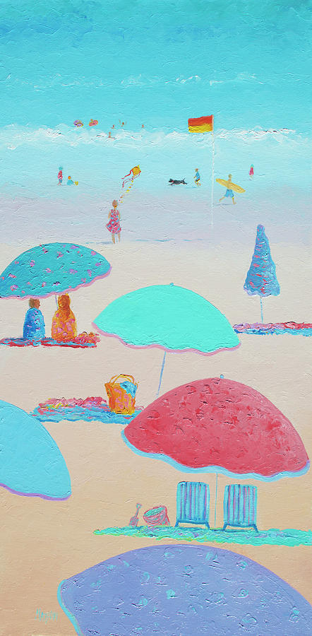 Flying the Kite, beach scene Painting by Jan Matson