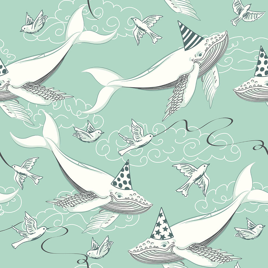Flying Whale Birthday Party Drawing by Diane Labombarbe