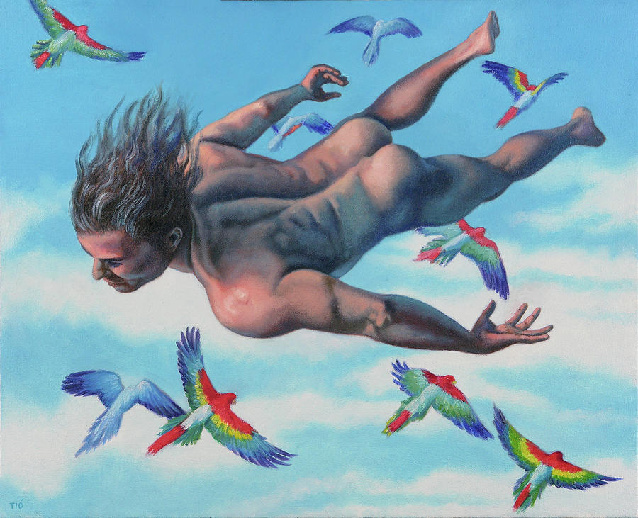 Flying with Parrots Painting by Miguel Tio